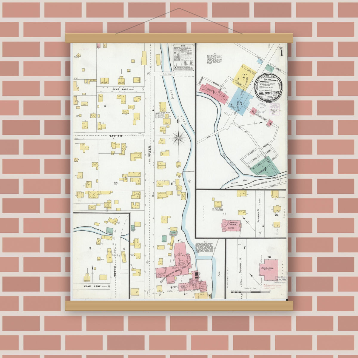 Old map wall art mockup — magnetic wood frame on brick wall — Sanborn Fire Insurance Map from Williamstown, Berkshire County, Massachusetts (1901), Sheet #0001