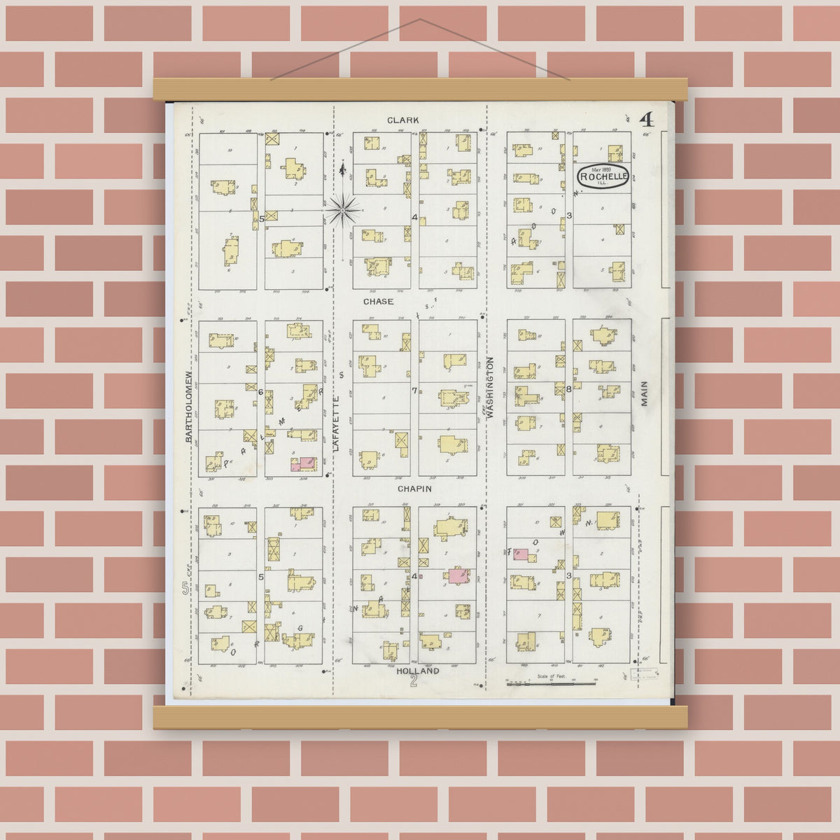 Old map wall art mockup — magnetic wood frame on brick wall — Sanborn Fire Insurance Map from Rochelle, Ogle County, Illinois (1893), Sheet #0004