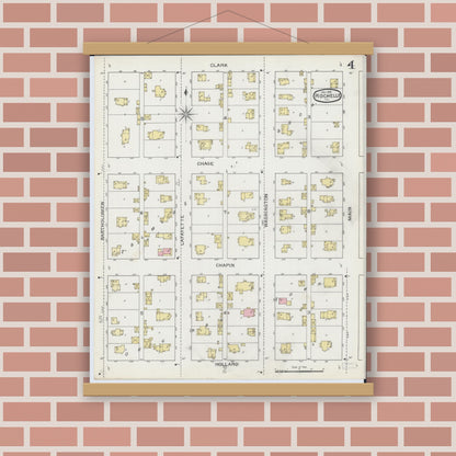 Old map wall art mockup — magnetic wood frame on brick wall — Sanborn Fire Insurance Map from Rochelle, Ogle County, Illinois (1893), Sheet #0004