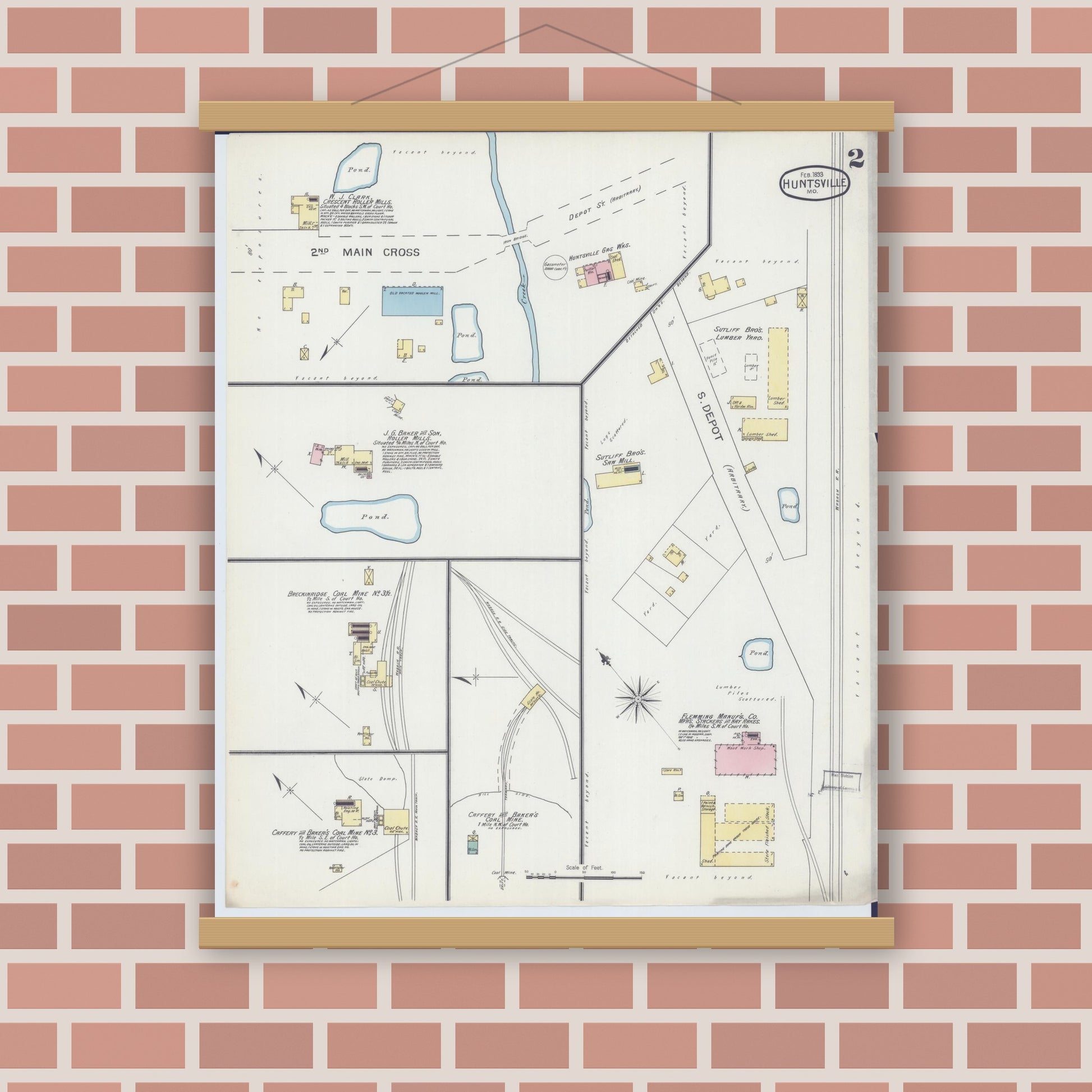 Old map wall art mockup — magnetic wood frame on brick wall — Sanborn Fire Insurance Map from Huntsville, Randolph County, Missouri (1893), Sheet #0002