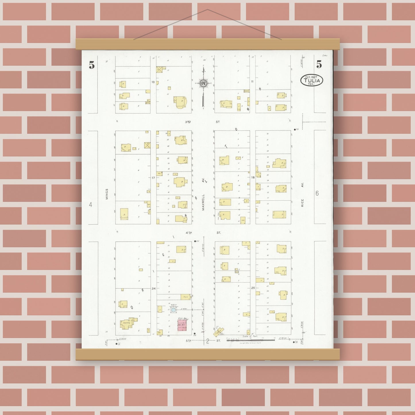 Old map wall art mockup — magnetic wood frame on brick wall — Sanborn Fire Insurance Map from Tulia, Swisher County, Texas (1927), Sheet #0005