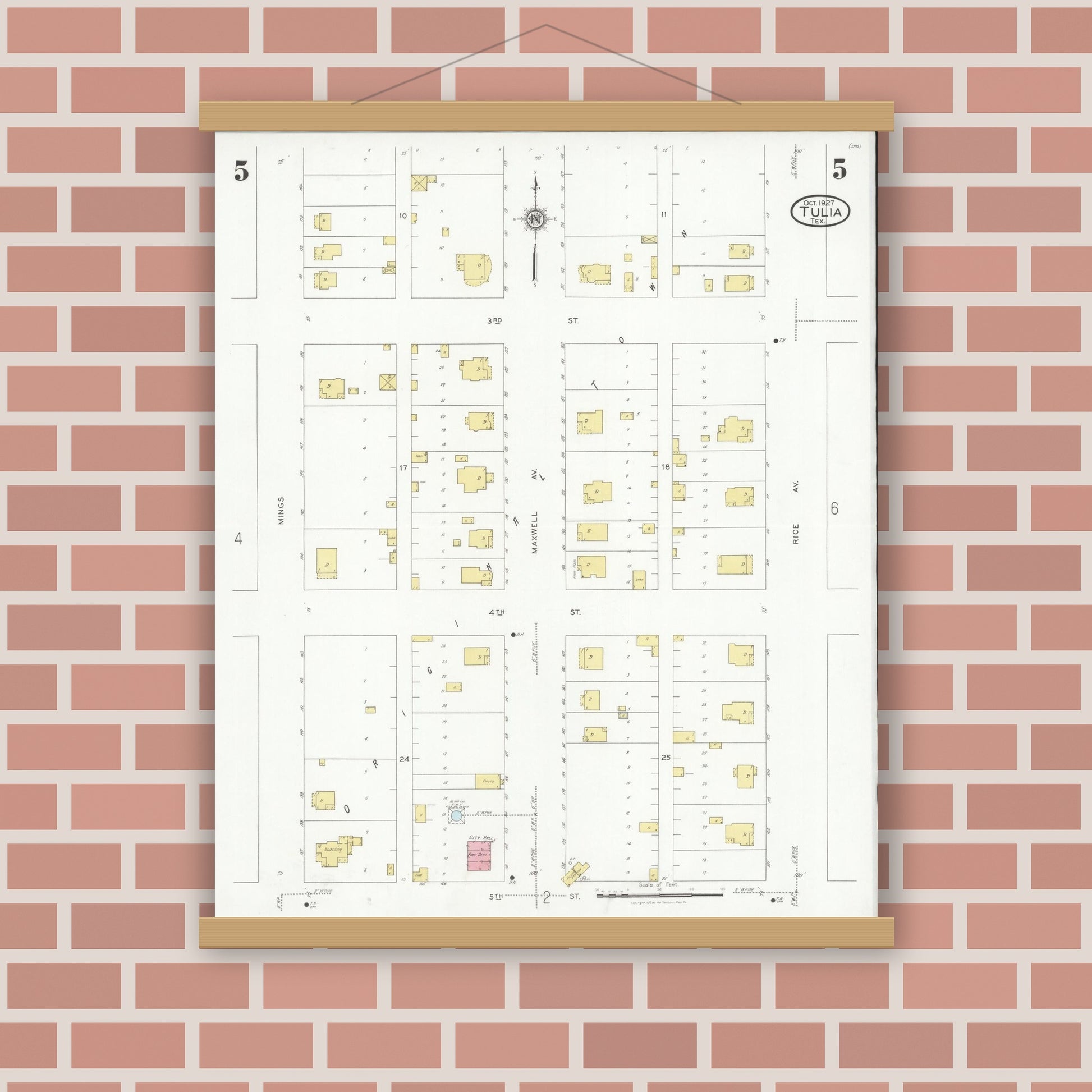 Old map wall art mockup — magnetic wood frame on brick wall — Sanborn Fire Insurance Map from Tulia, Swisher County, Texas (1927), Sheet #0005