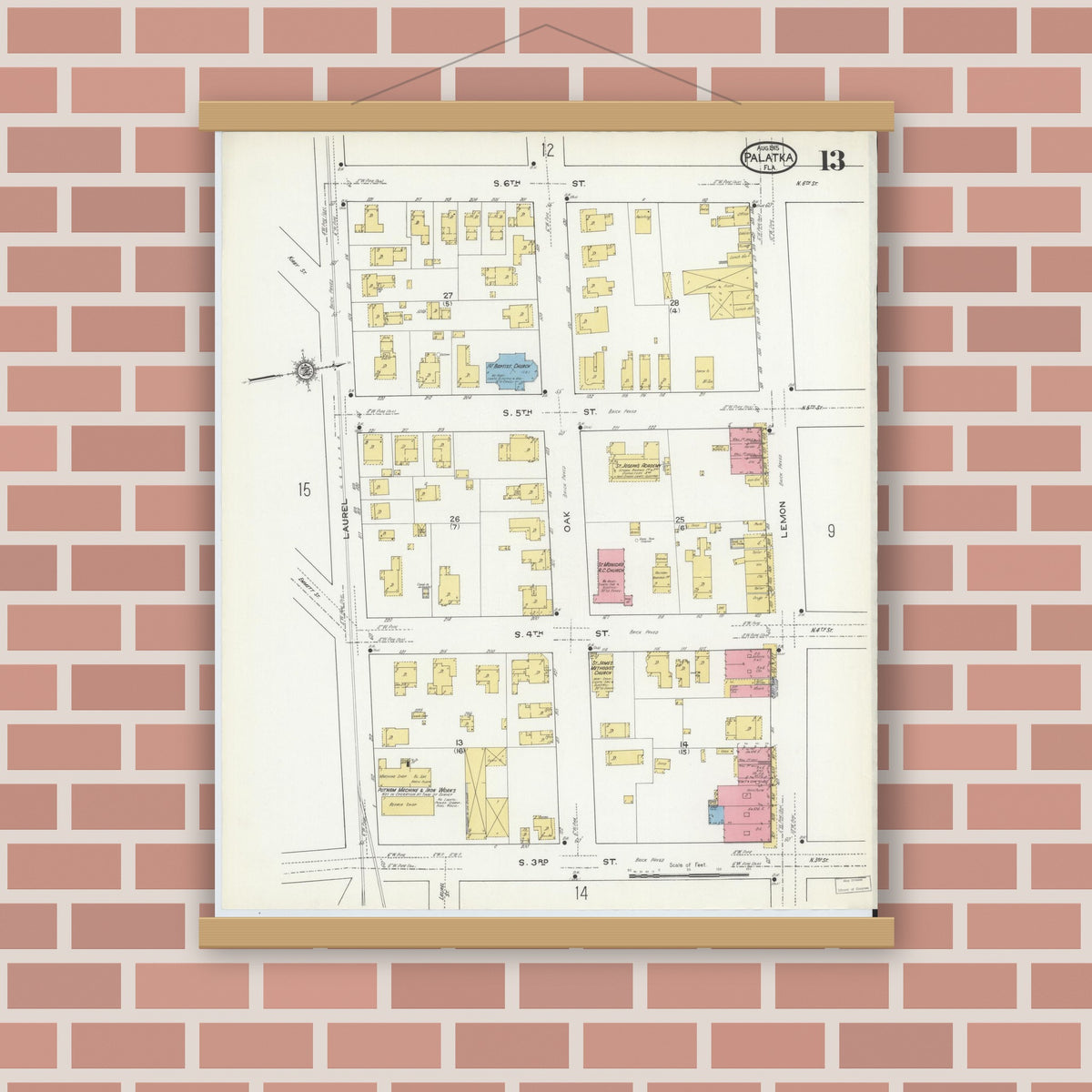 Old map wall art mockup — magnetic wood frame on brick wall — Sanborn Fire Insurance Map from Palatka, Putnam County, Florida (1915), Sheet #0013