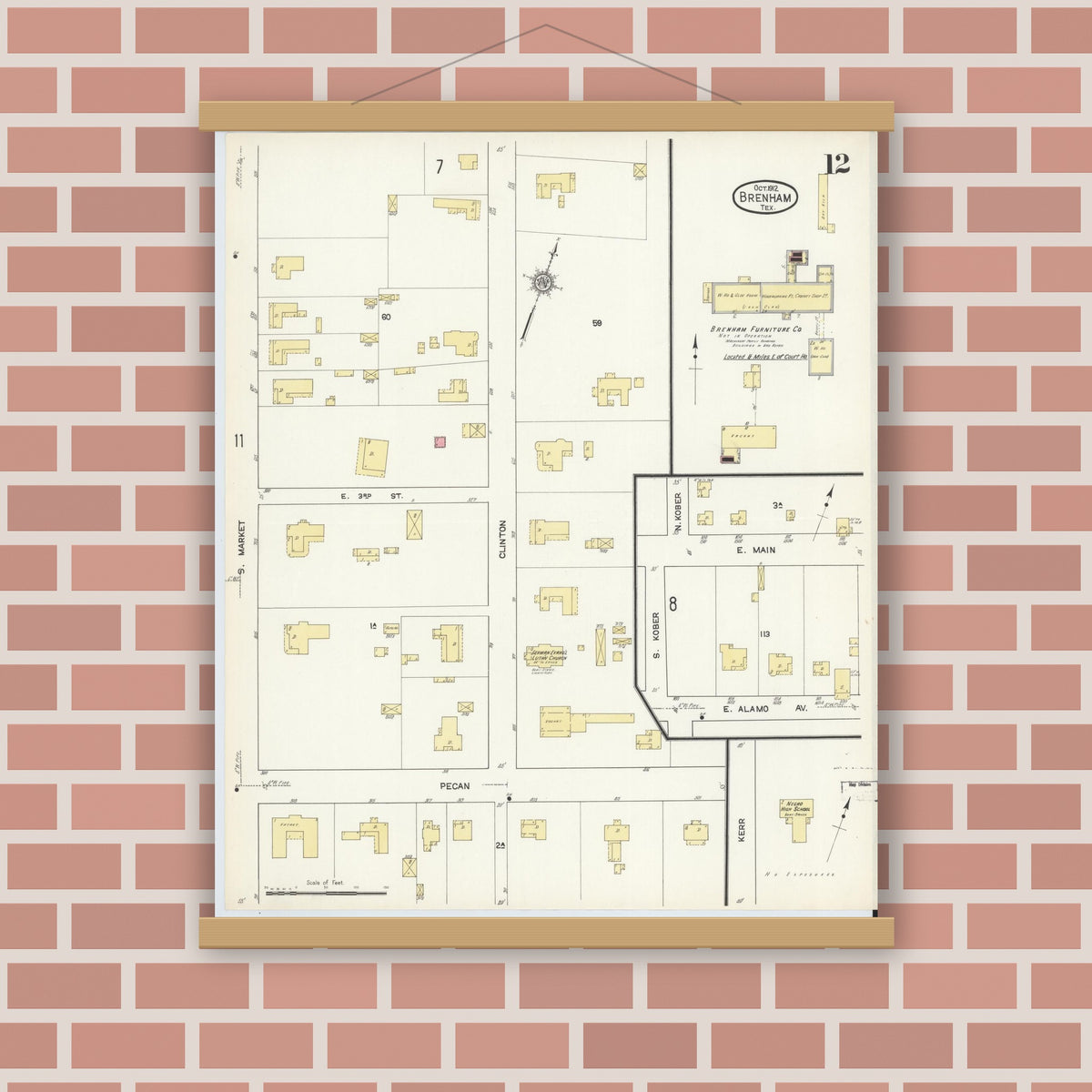 Old map wall art mockup — magnetic wood frame on brick wall — Sanborn Fire Insurance Map from Brenham, Washington County, Texas (1912), Sheet #0012