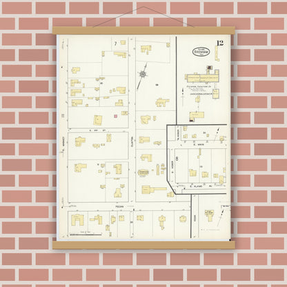 Old map wall art mockup — magnetic wood frame on brick wall — Sanborn Fire Insurance Map from Brenham, Washington County, Texas (1912), Sheet #0012