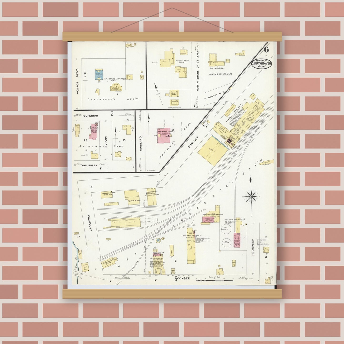 Old map wall art mockup — magnetic wood frame on brick wall — Sanborn Fire Insurance Map from South Haven, Van Buren County, Michigan (1908), Sheet #0006