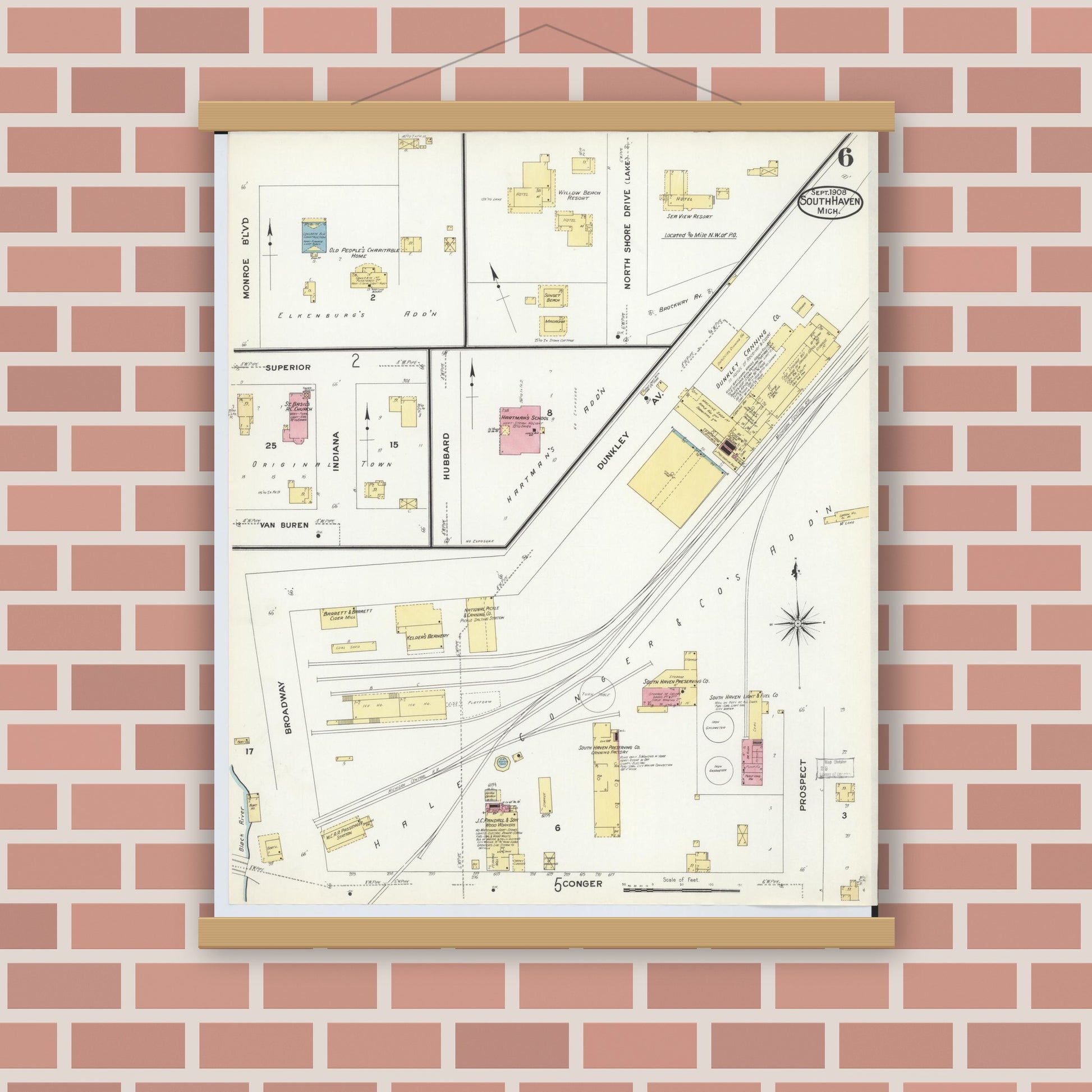 Old map wall art mockup — magnetic wood frame on brick wall — Sanborn Fire Insurance Map from South Haven, Van Buren County, Michigan (1908), Sheet #0006