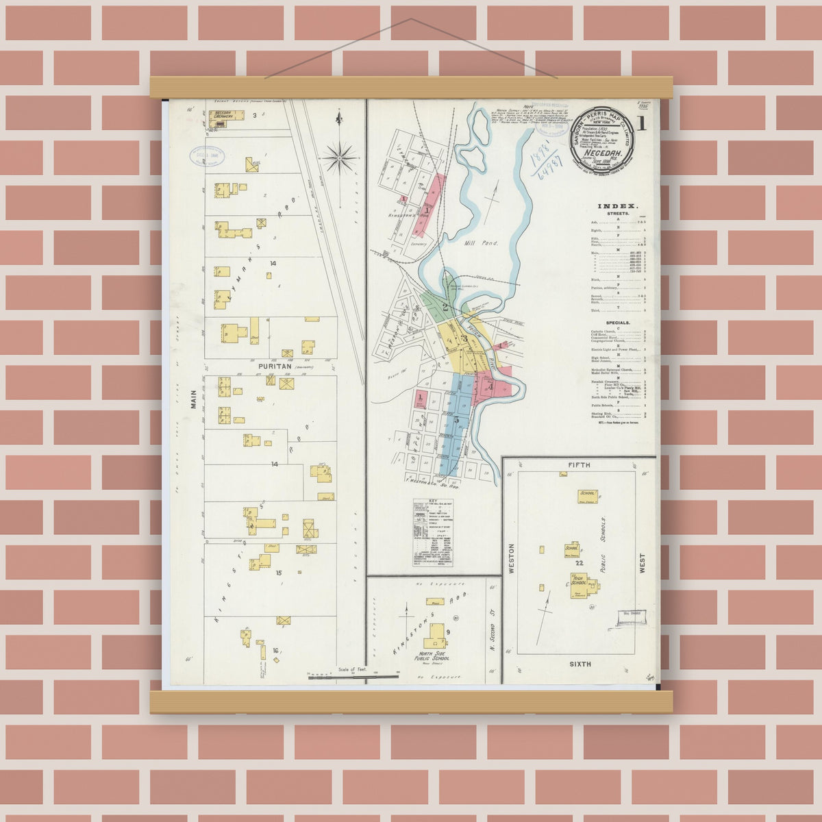 Old map wall art mockup — magnetic wood frame on brick wall — Sanborn Fire Insurance Map from Necedah, Juneau County, Wisconsin (1898), Sheet #0001