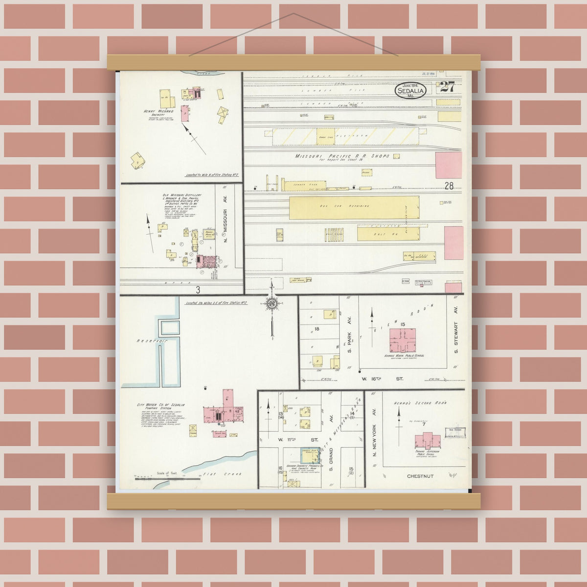 Old map wall art mockup — magnetic wood frame on brick wall — Sanborn Fire Insurance Map from Sedalia, Pettis County, Missouri (1914), Sheet #0027