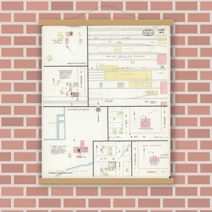 Old map wall art mockup — magnetic wood frame on brick wall — Sanborn Fire Insurance Map from Sedalia, Pettis County, Missouri (1914), Sheet #0027