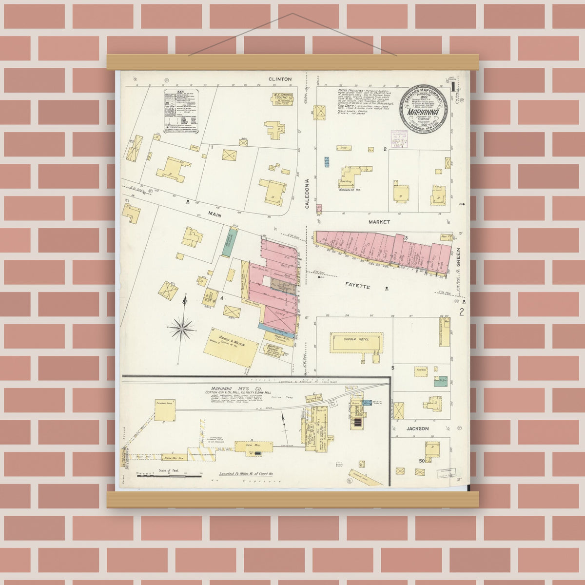 Old map wall art mockup — magnetic wood frame on brick wall — Sanborn Fire Insurance Map from Marianna, Jackson County, Florida (1907), Sheet #0001