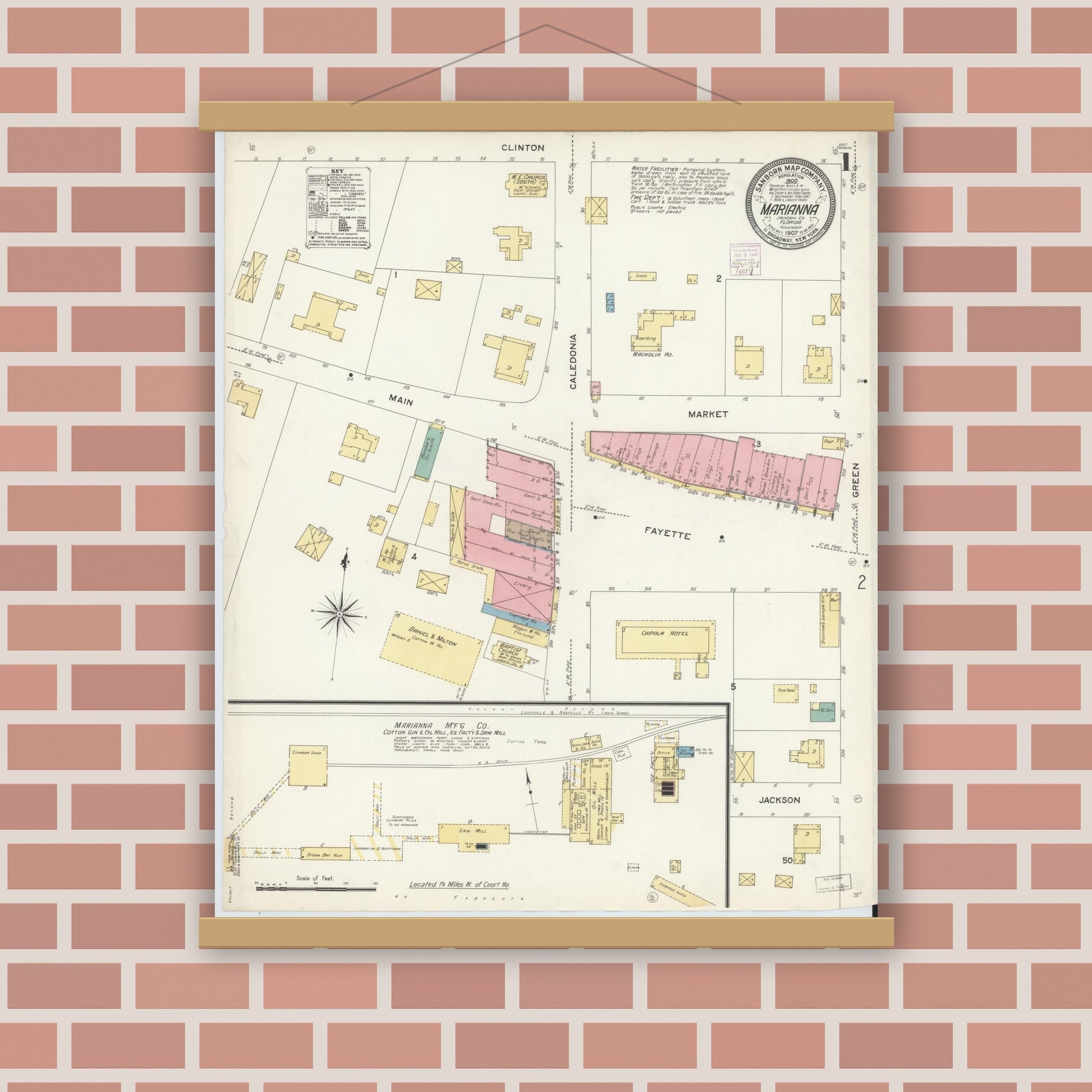 Old map wall art mockup — magnetic wood frame on brick wall — Sanborn Fire Insurance Map from Marianna, Jackson County, Florida (1907), Sheet #0001