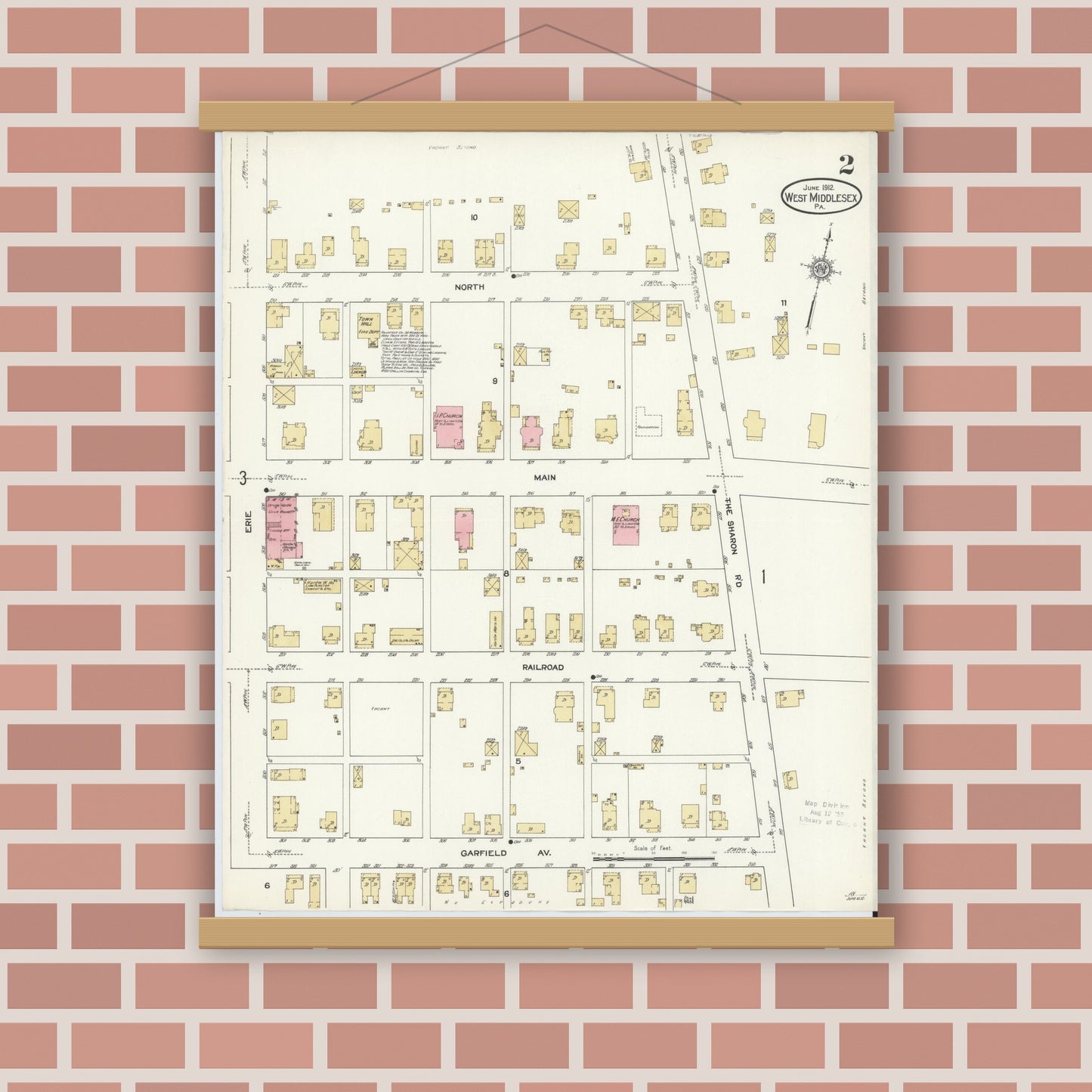 Old map wall art mockup — magnetic wood frame on brick wall — Sanborn Fire Insurance Map from West Middlesex, Mercer County, Pennsylvania (1912), Sheet #0002