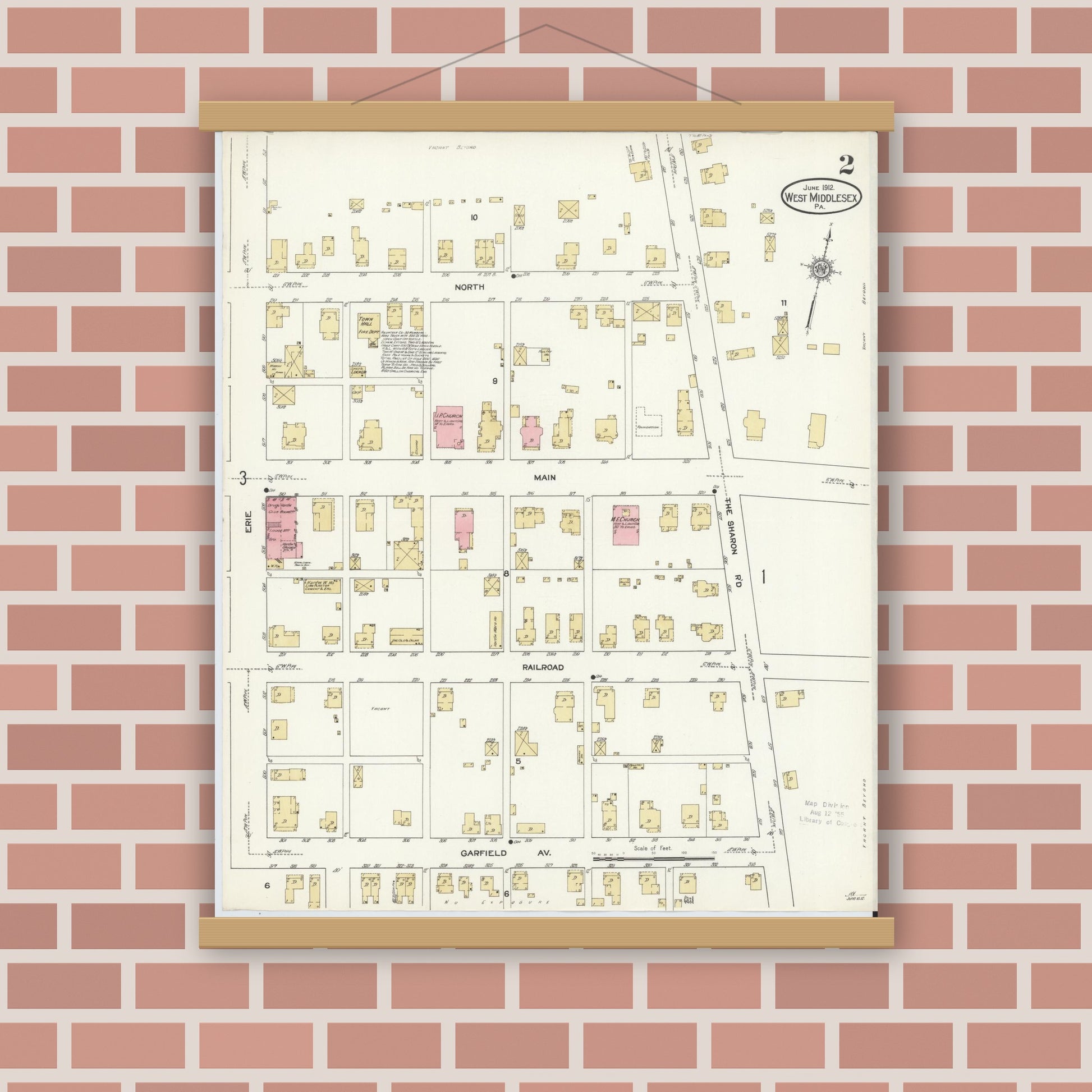 Old map wall art mockup — magnetic wood frame on brick wall — Sanborn Fire Insurance Map from West Middlesex, Mercer County, Pennsylvania (1912), Sheet #0002