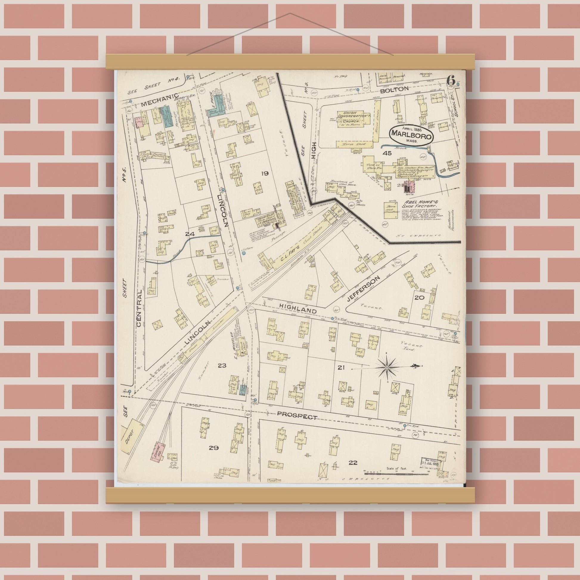 Old map wall art mockup — magnetic wood frame on brick wall — Sanborn Fire Insurance Map from Marlborough, Middlesex County, Massachusetts (1885), Sheet #0006