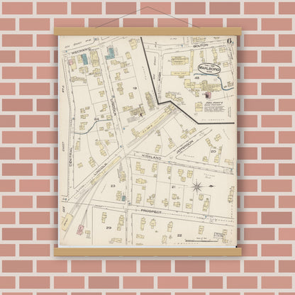 Old map wall art mockup — magnetic wood frame on brick wall — Sanborn Fire Insurance Map from Marlborough, Middlesex County, Massachusetts (1885), Sheet #0006