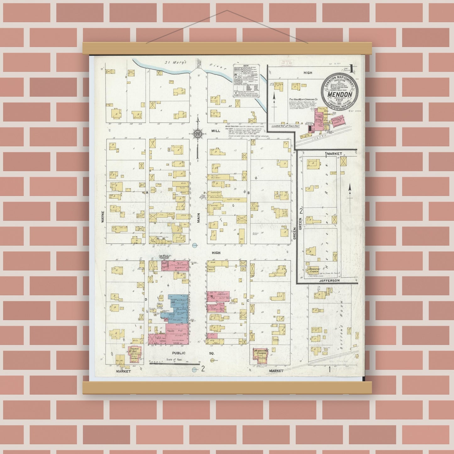 Old map wall art mockup — magnetic wood frame on brick wall — Sanborn Fire Insurance Map from Mendon, Mercer County, Ohio (1911), Sheet #0001