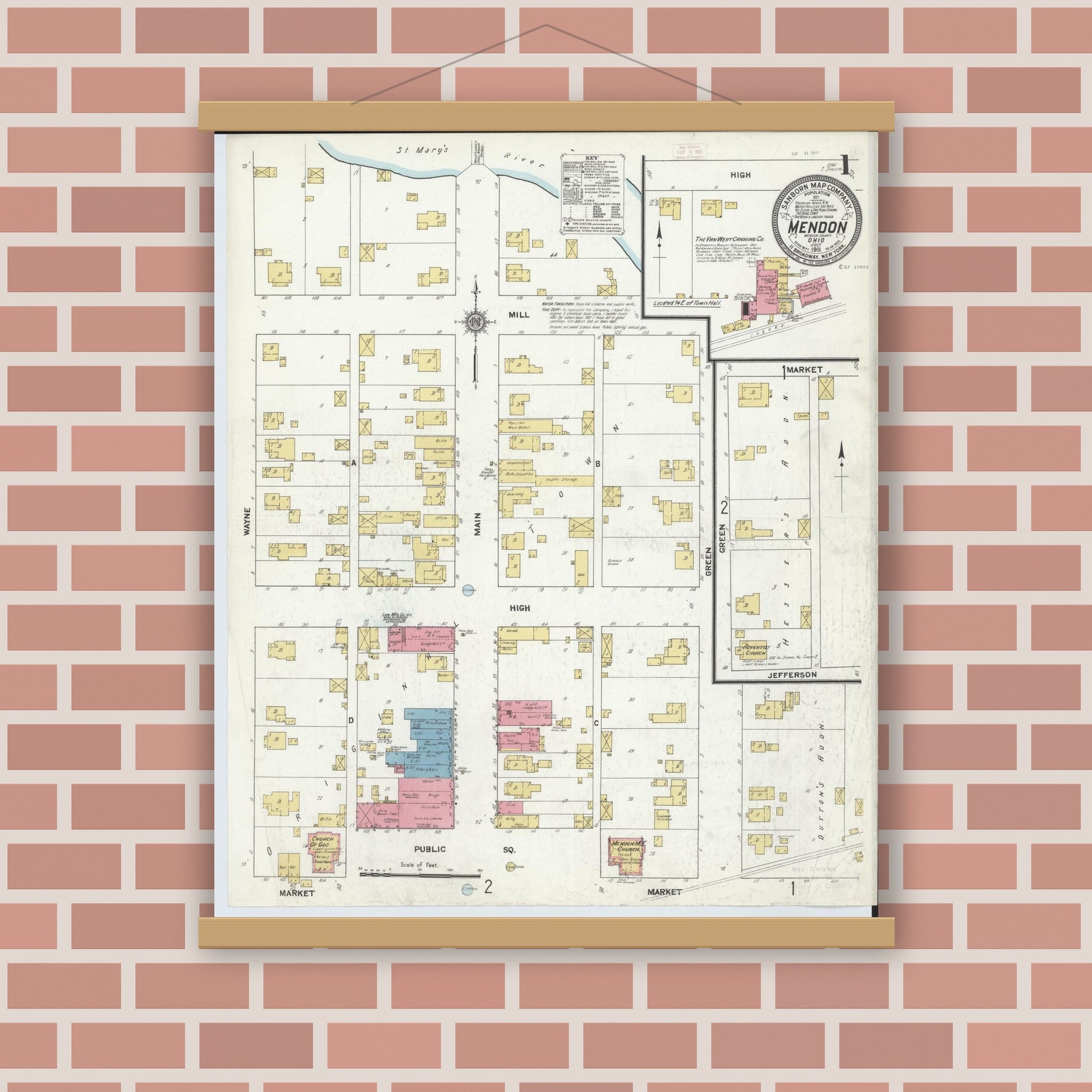 Old map wall art mockup — magnetic wood frame on brick wall — Sanborn Fire Insurance Map from Mendon, Mercer County, Ohio (1911), Sheet #0001