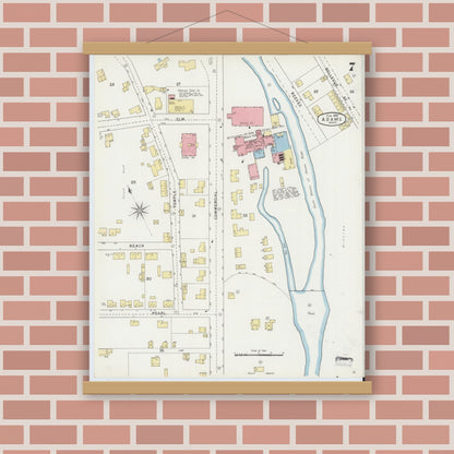 Old map wall art mockup — magnetic wood frame on brick wall — Sanborn Fire Insurance Map from Adams, Berkshire County, Massachusetts (1895), Sheet #0007