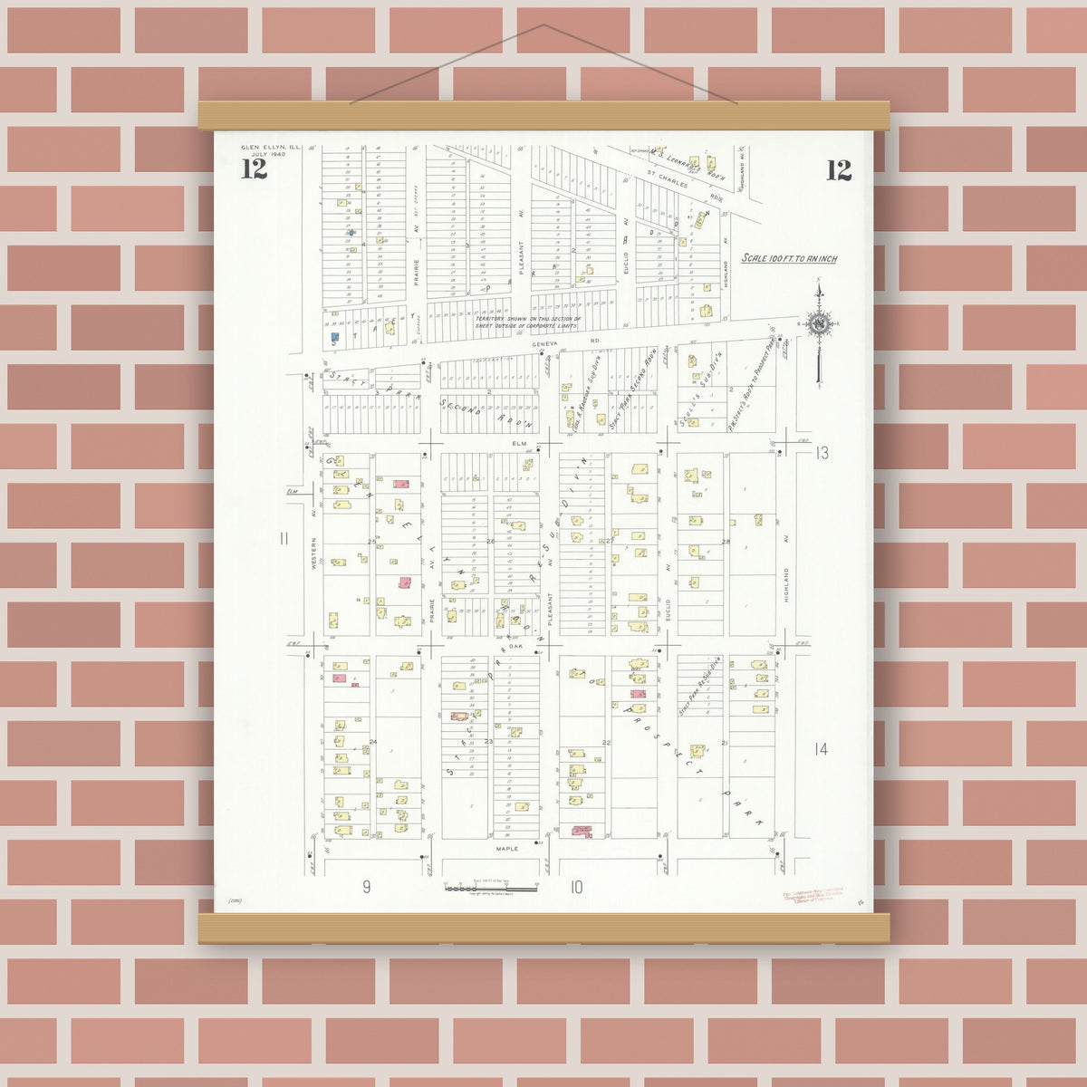 Old map wall art mockup — magnetic wood frame on brick wall — Sanborn Fire Insurance Map from Glen Ellyn, Du Page County, Illinois (1940), Sheet #0012