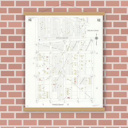 Old map wall art mockup — magnetic wood frame on brick wall — Sanborn Fire Insurance Map from Glen Ellyn, Du Page County, Illinois (1940), Sheet #0012