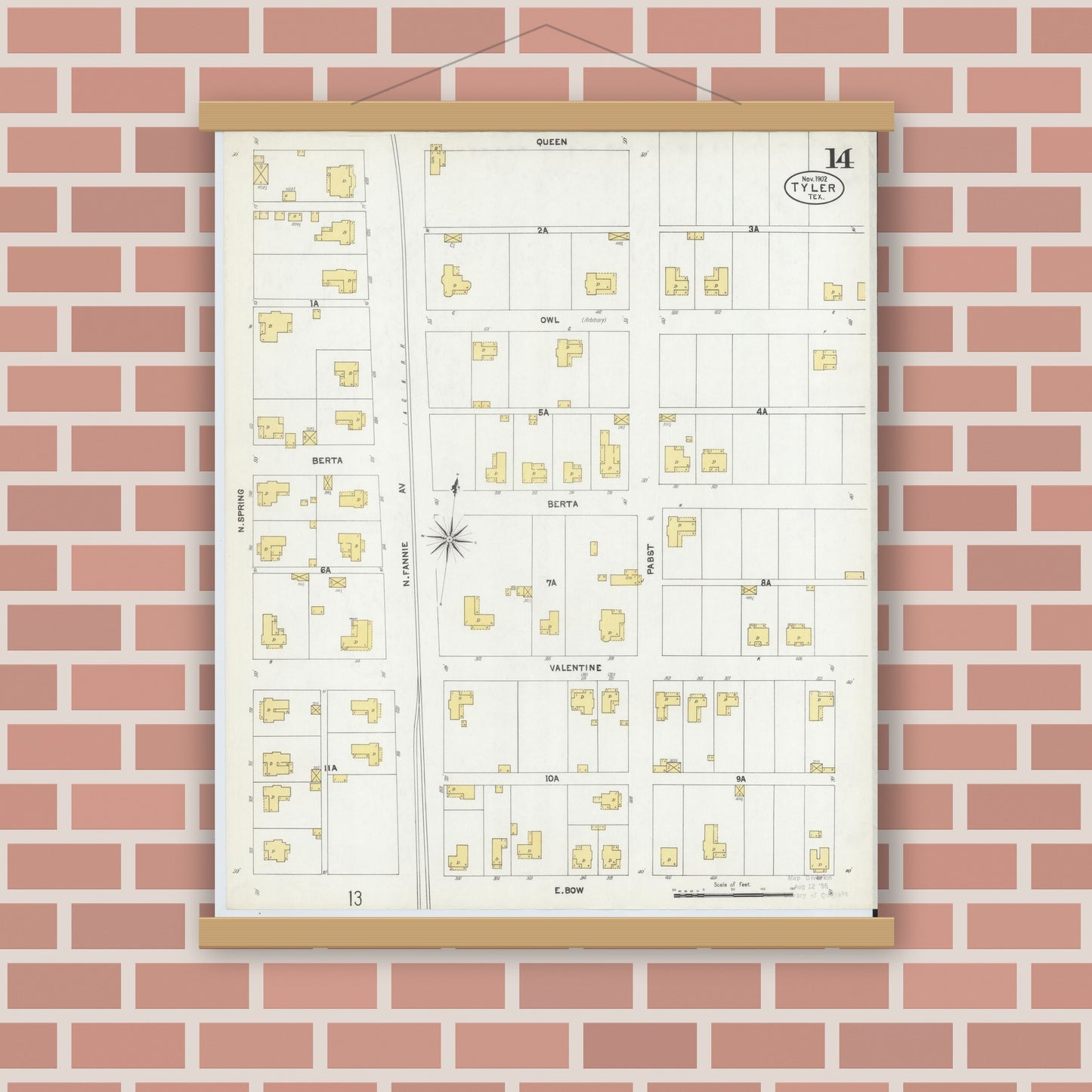 Old map wall art mockup — magnetic wood frame on brick wall — Sanborn Fire Insurance Map from Tyler, Smith County, Texas (1902), Sheet #0014