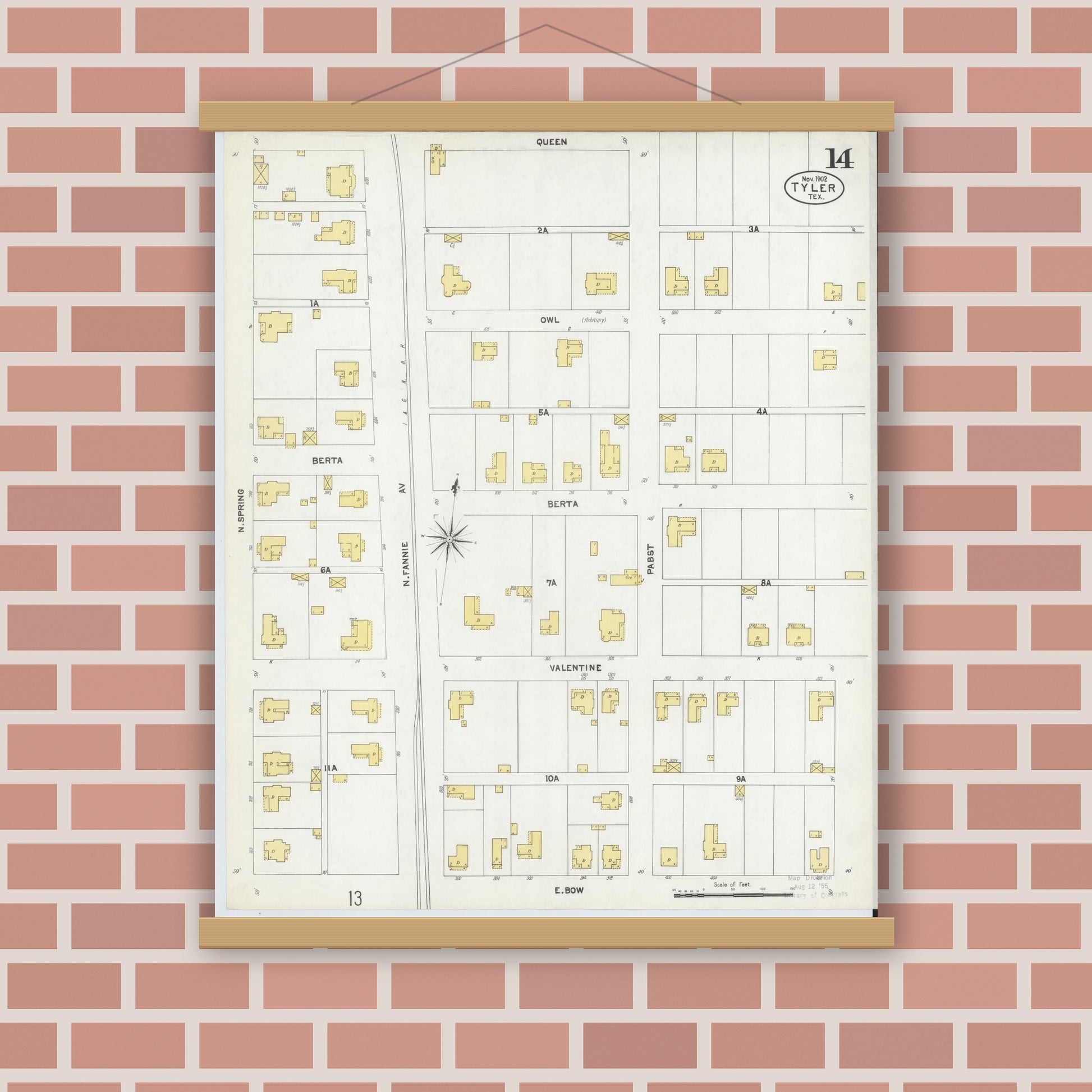 Old map wall art mockup — magnetic wood frame on brick wall — Sanborn Fire Insurance Map from Tyler, Smith County, Texas (1902), Sheet #0014