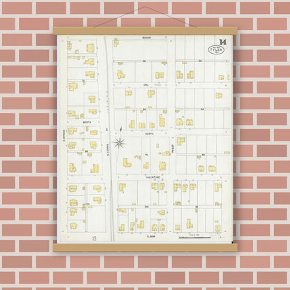 Old map wall art mockup — magnetic wood frame on brick wall — Sanborn Fire Insurance Map from Tyler, Smith County, Texas (1902), Sheet #0014