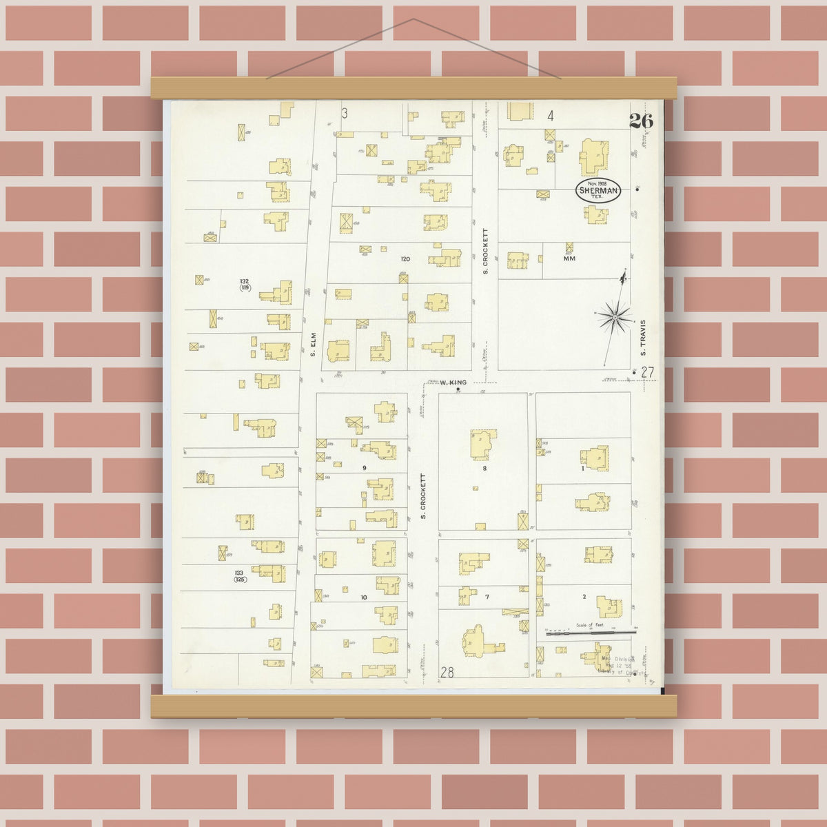 Old map wall art mockup — magnetic wood frame on brick wall — Sanborn Fire Insurance Map from Sherman, Grayson County, Texas (1908), Sheet #0026