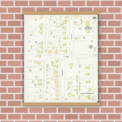 Old map wall art mockup — magnetic wood frame on brick wall — Sanborn Fire Insurance Map from Sherman, Grayson County, Texas (1908), Sheet #0026