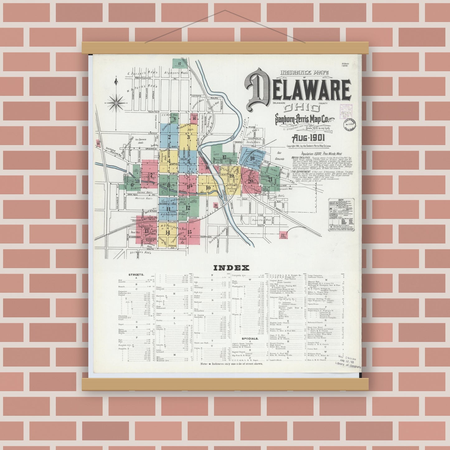 Old map wall art mockup — magnetic wood frame on brick wall — Sanborn Fire Insurance Map from Delaware, Delaware County, Ohio (1901) - Complete Map Set