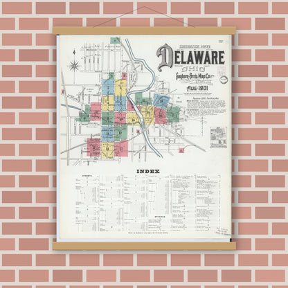 Old map wall art mockup — magnetic wood frame on brick wall — Sanborn Fire Insurance Map from Delaware, Delaware County, Ohio (1901) - Complete Map Set