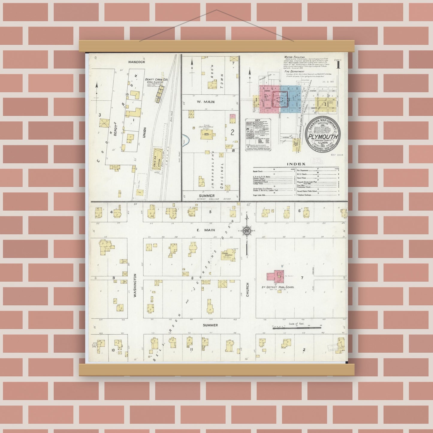 Old map wall art mockup — magnetic wood frame on brick wall — Sanborn Fire Insurance Map from Plymouth, Hancock County, Illinois (1912) - Complete Map Set