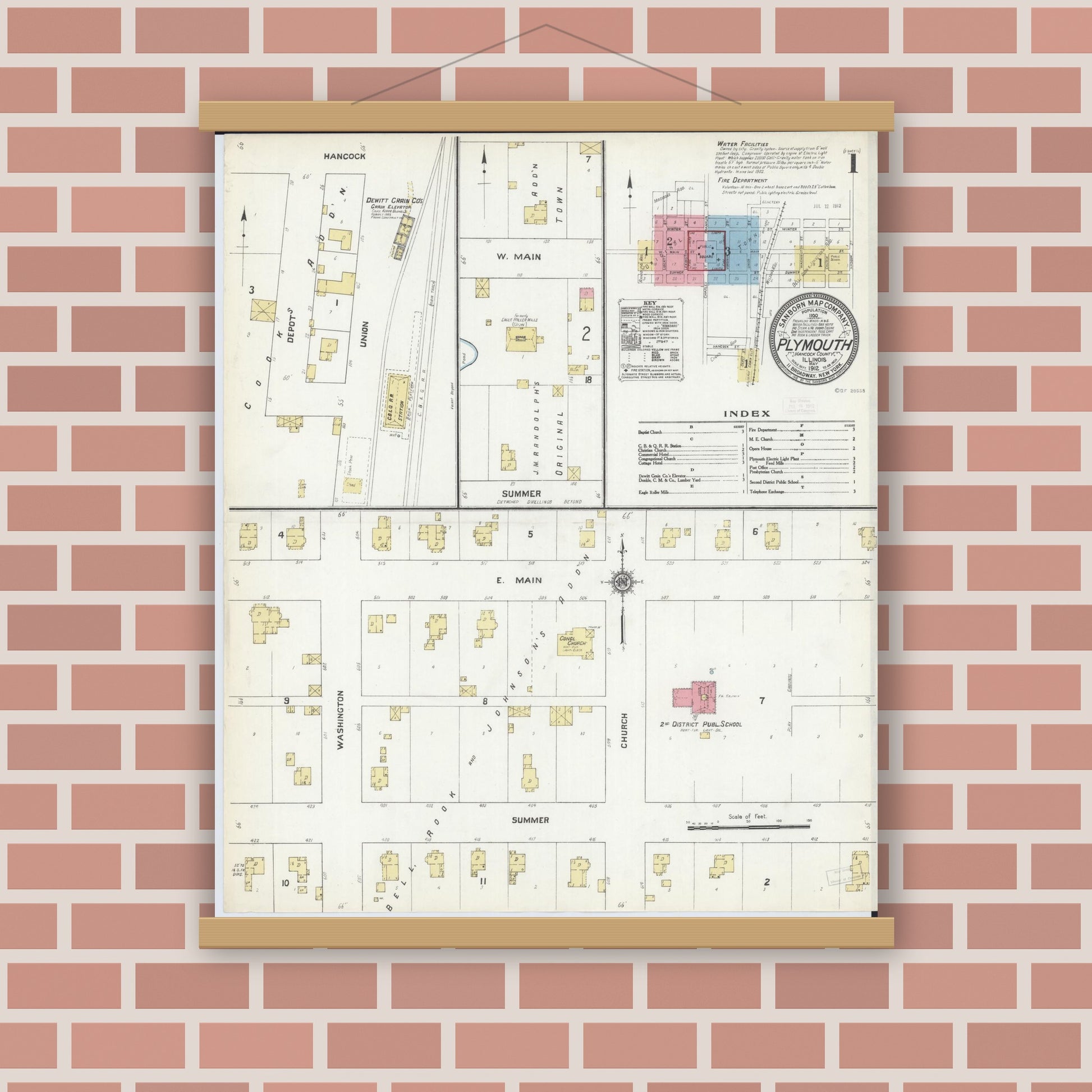 Old map wall art mockup — magnetic wood frame on brick wall — Sanborn Fire Insurance Map from Plymouth, Hancock County, Illinois (1912) - Complete Map Set