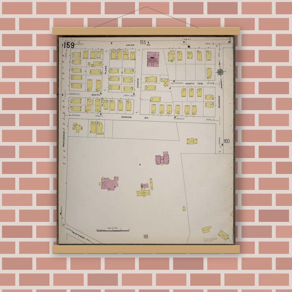 Old map wall art mockup — magnetic wood frame on brick wall — Sanborn Fire Insurance Map from Worcester, Worcester County, Massachusetts (1910), Sheet #0159