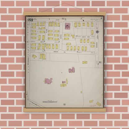 Old map wall art mockup — magnetic wood frame on brick wall — Sanborn Fire Insurance Map from Worcester, Worcester County, Massachusetts (1910), Sheet #0159