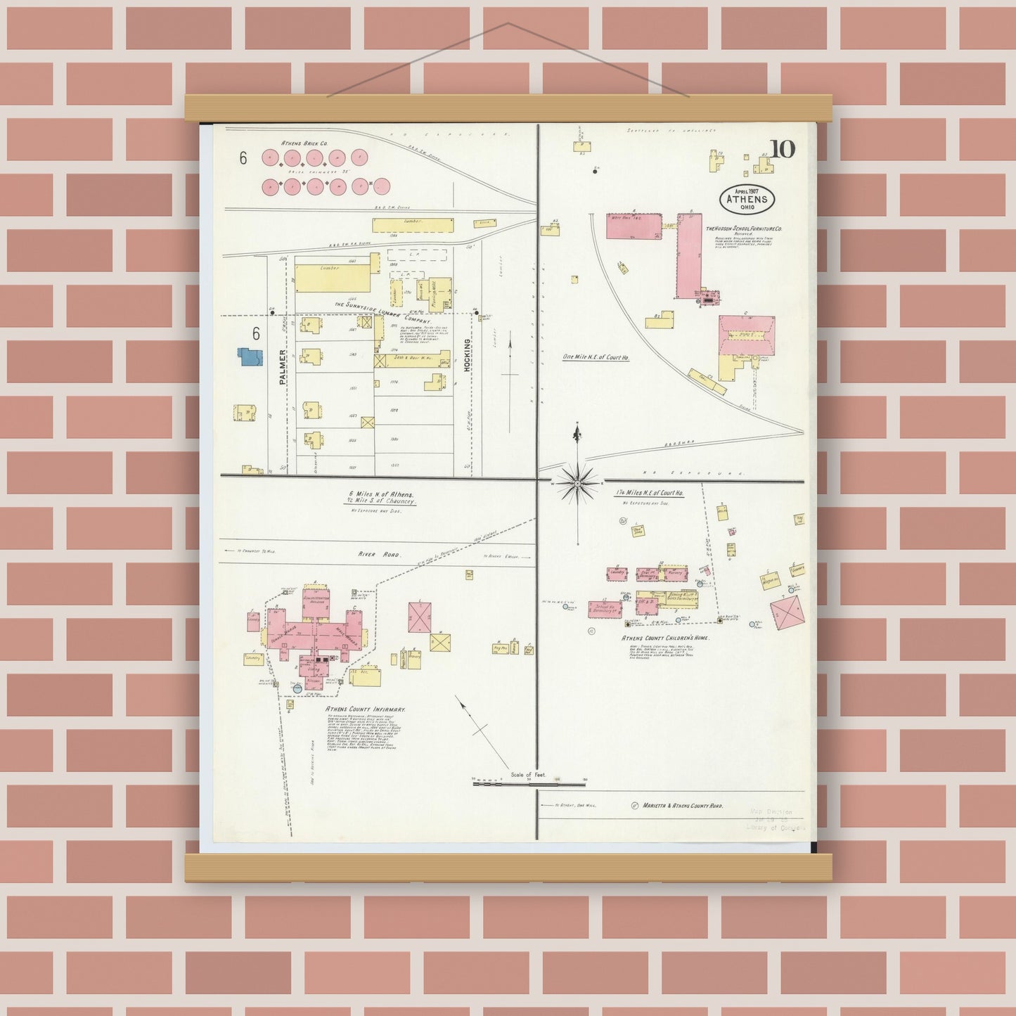 Old map wall art mockup — magnetic wood frame on brick wall — Sanborn Fire Insurance Map from Athens, Athens County, Ohio (1907), Sheet #0010
