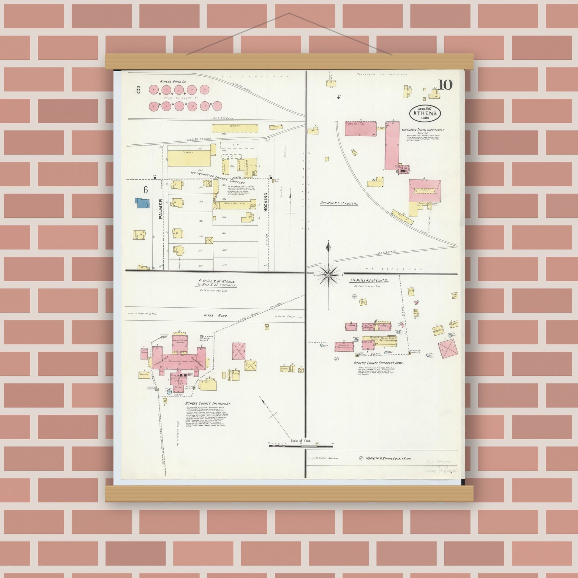 Old map wall art mockup — magnetic wood frame on brick wall — Sanborn Fire Insurance Map from Athens, Athens County, Ohio (1907), Sheet #0010