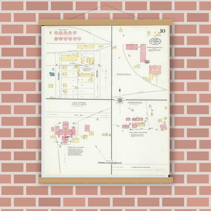 Old map wall art mockup — magnetic wood frame on brick wall — Sanborn Fire Insurance Map from Athens, Athens County, Ohio (1907), Sheet #0010