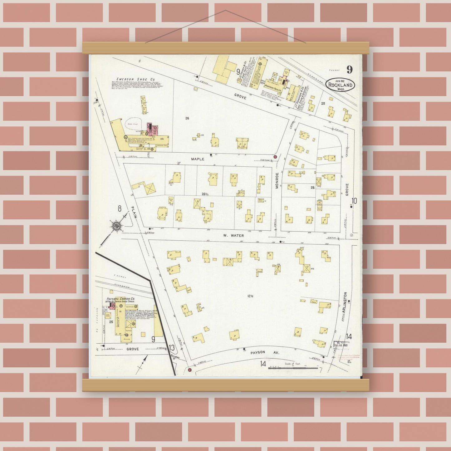 Old map wall art mockup — magnetic wood frame on brick wall — Sanborn Fire Insurance Map from Rockland, Plymouth County, Massachusetts (1912), Sheet #0009
