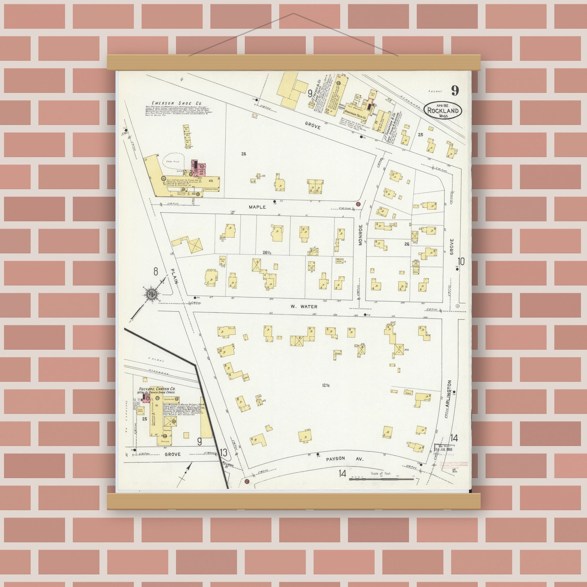 Old map wall art mockup — magnetic wood frame on brick wall — Sanborn Fire Insurance Map from Rockland, Plymouth County, Massachusetts (1912), Sheet #0009