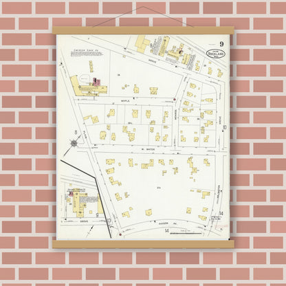 Old map wall art mockup — magnetic wood frame on brick wall — Sanborn Fire Insurance Map from Rockland, Plymouth County, Massachusetts (1912), Sheet #0009
