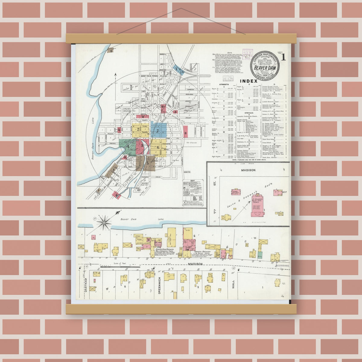 Old map wall art mockup — magnetic wood frame on brick wall — Sanborn Fire Insurance Map from Beaver Dam, Dodge County, Wisconsin (1904) - Complete Map Set