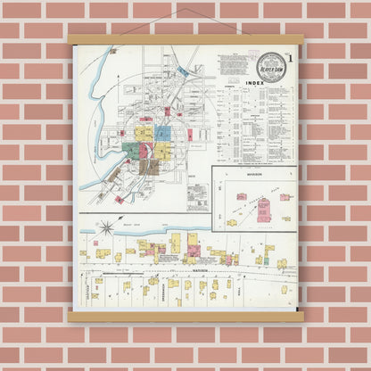 Old map wall art mockup — magnetic wood frame on brick wall — Sanborn Fire Insurance Map from Beaver Dam, Dodge County, Wisconsin (1904) - Complete Map Set
