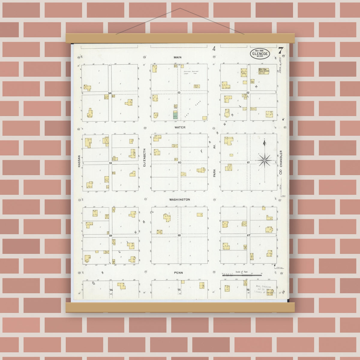 Old map wall art mockup — magnetic wood frame on brick wall — Sanborn Fire Insurance Map from Glencoe, Mcleod County, Minnesota (1908), Sheet #0007