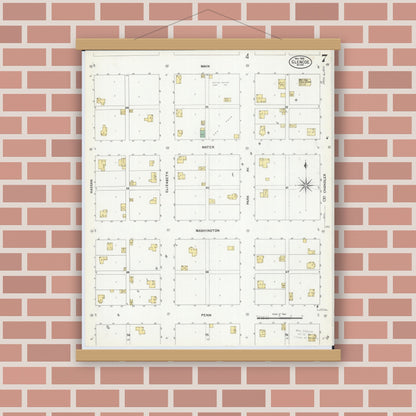 Old map wall art mockup — magnetic wood frame on brick wall — Sanborn Fire Insurance Map from Glencoe, Mcleod County, Minnesota (1908), Sheet #0007