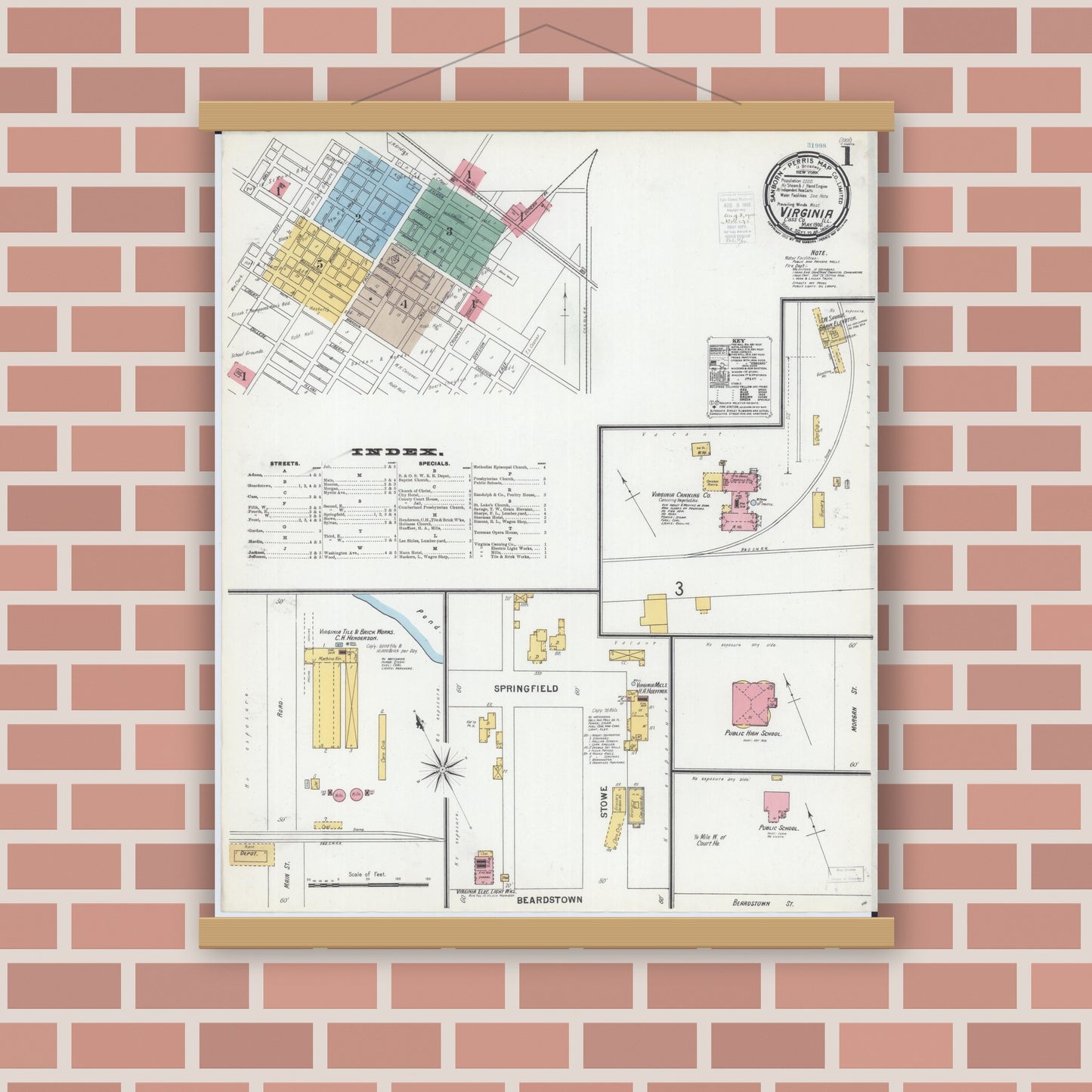 Old map wall art mockup — magnetic wood frame on brick wall — Sanborn Fire Insurance Map from Virginia, Cass County, Illinois (1900) - Complete Map Set