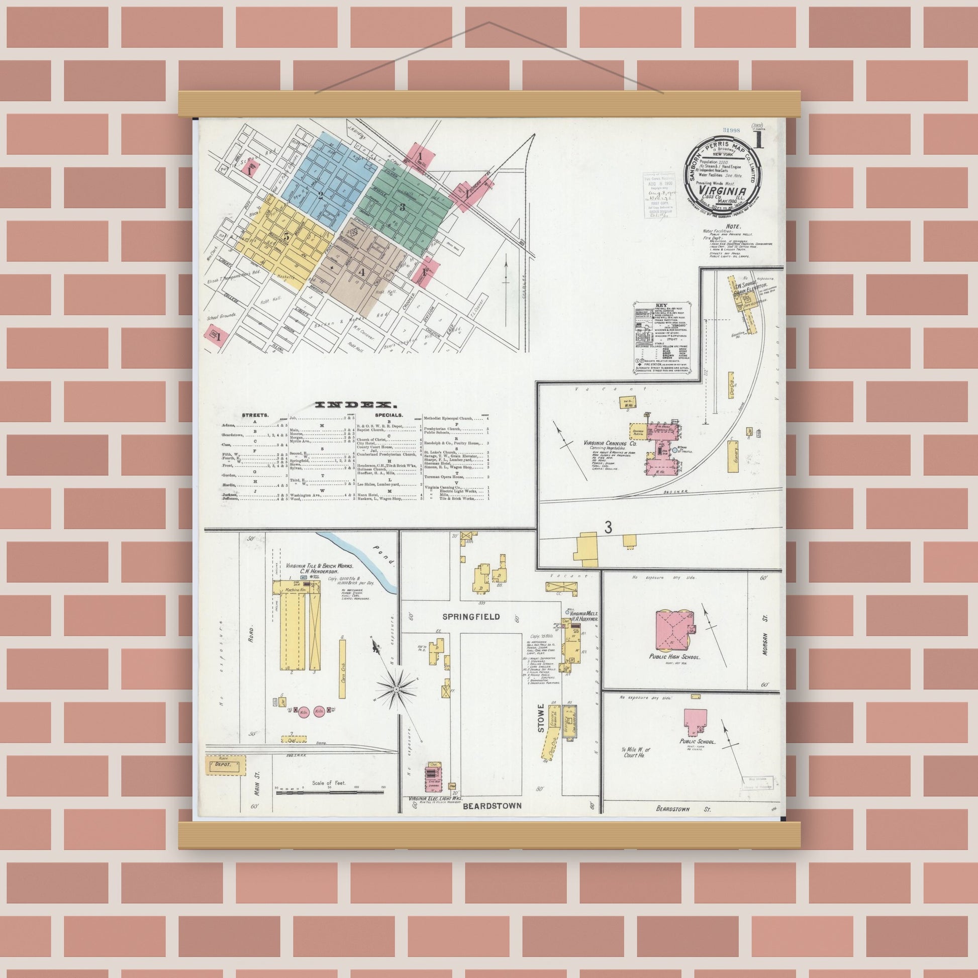 Old map wall art mockup — magnetic wood frame on brick wall — Sanborn Fire Insurance Map from Virginia, Cass County, Illinois (1900) - Complete Map Set