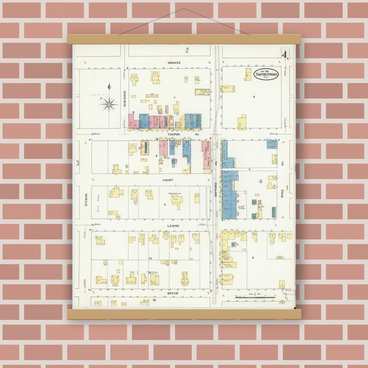 Old map wall art mockup — magnetic wood frame on brick wall — Sanborn Fire Insurance Map from Tarpon Springs, Pinellas County, Florida (1909), Sheet #0004