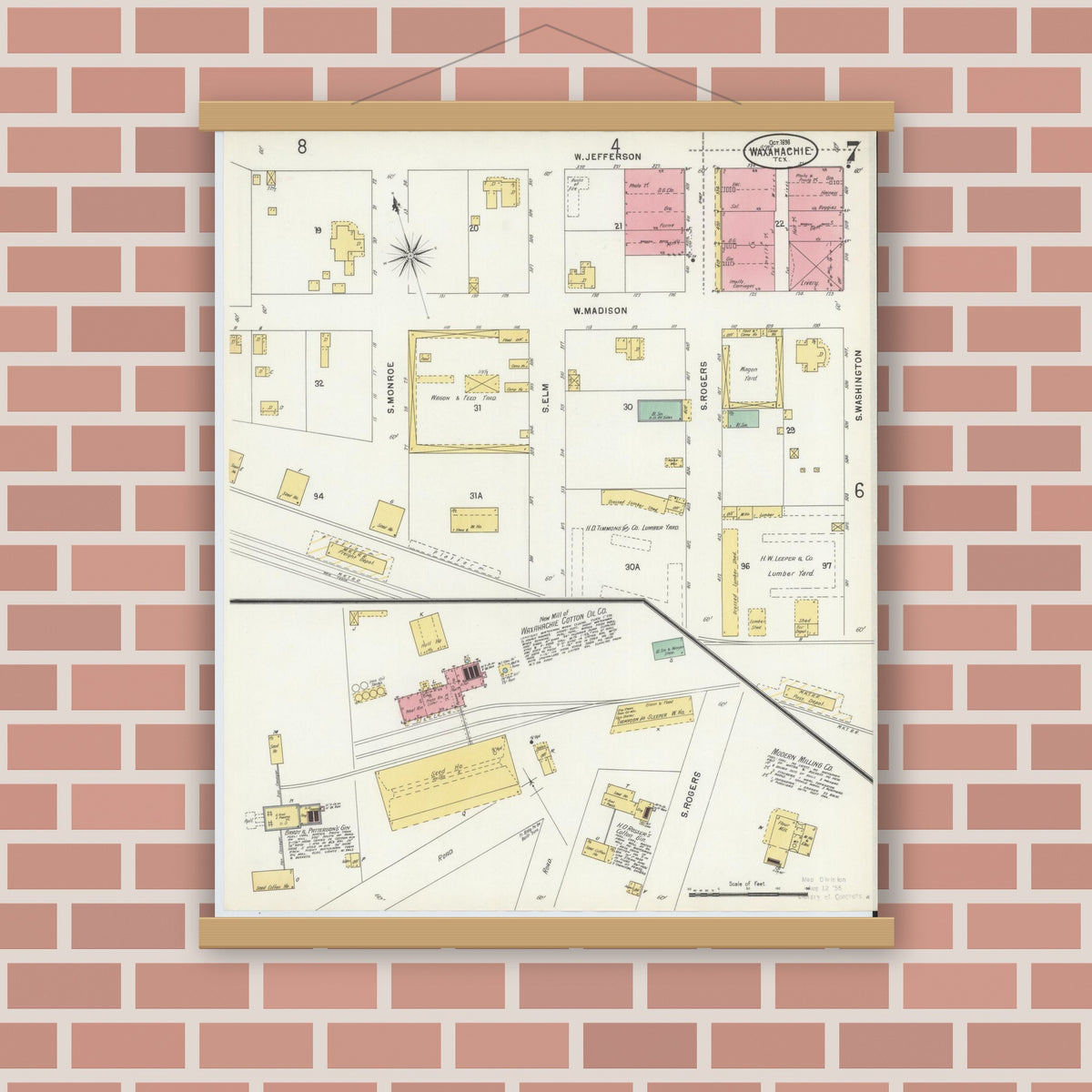 Old map wall art mockup — magnetic wood frame on brick wall — Sanborn Fire Insurance Map from Waxahachie, Ellis County, Texas (1898), Sheet #0007